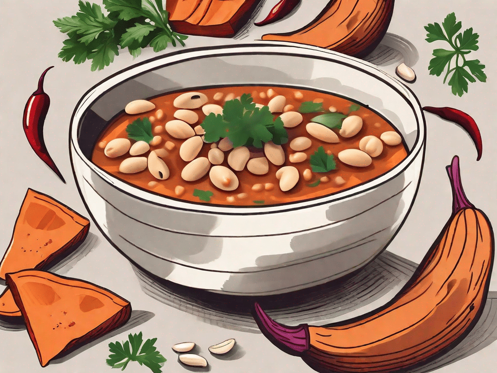 A wholesome bowl of vegan sweet potato white bean chili