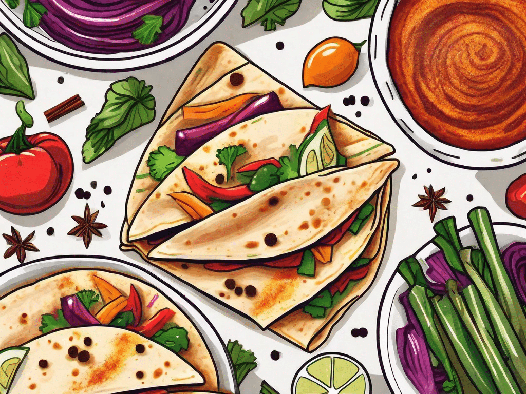 A vibrant vegan quesadilla filled with colorful vegetables and spices