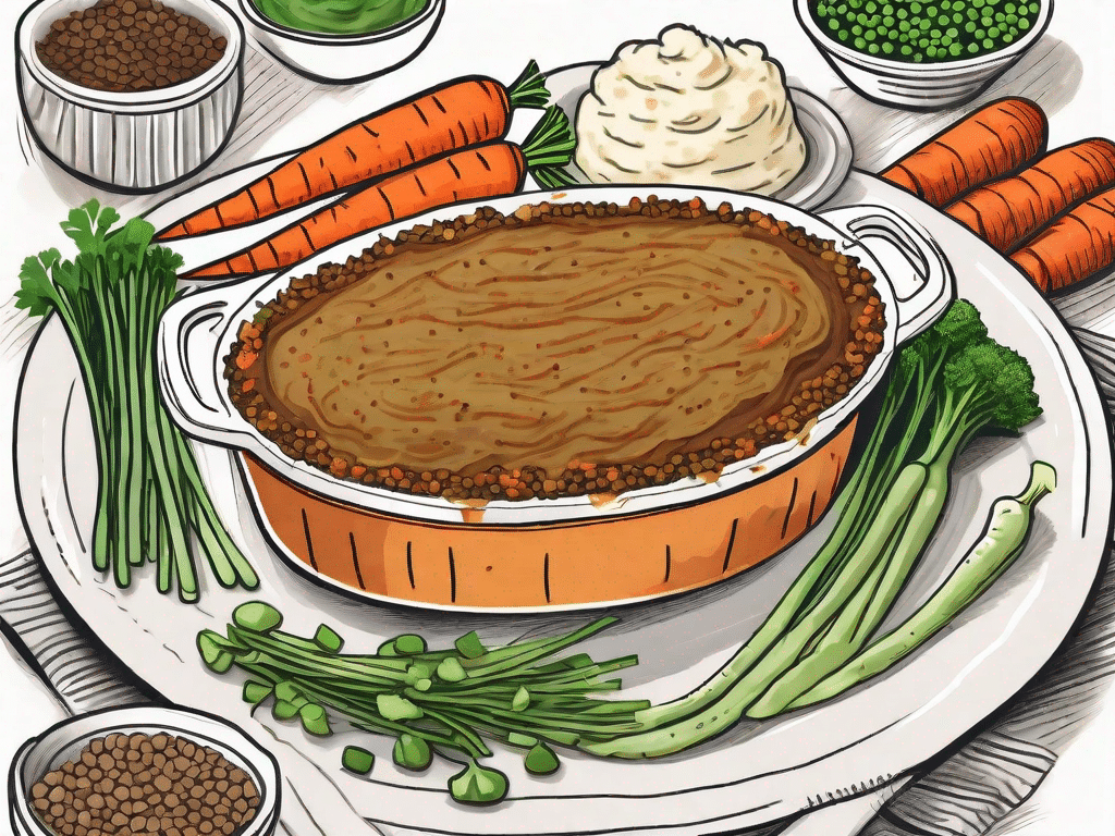 A vegan shepherd's pie with visible layers of lentils