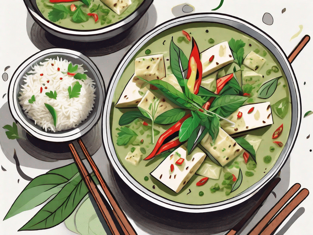 A vibrant vegan thai green curry in a traditional bowl