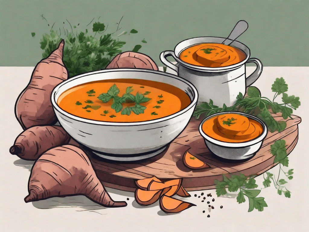 A steaming bowl of sweet potato soup garnished with herbs