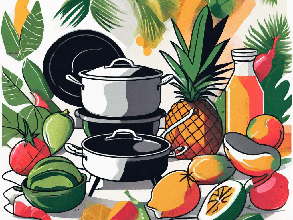 A vibrant caribbean kitchen scene filled with fresh tropical fruits