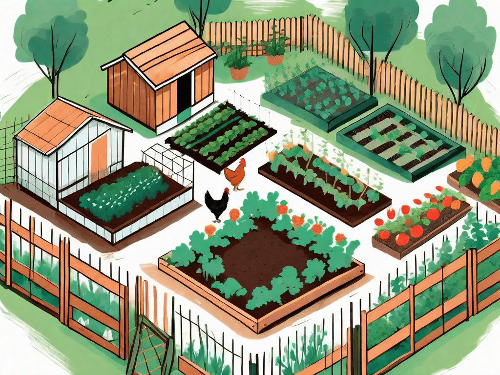 A vibrant allotment garden with a chicken coop in the center