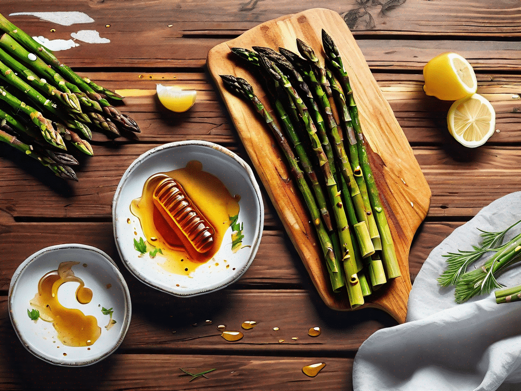 Grilled asparagus and hot honey flatbreads arranged aesthetically on a rustic wooden table