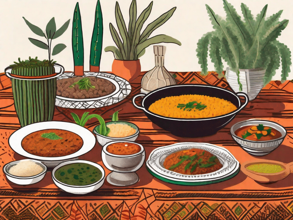A vibrant spread of various plant-based african dishes like jollof rice