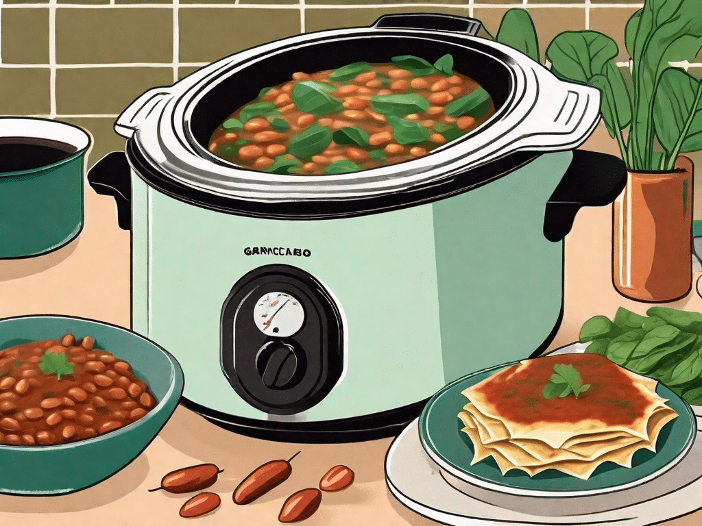 A slow-cooker filled with colorful beans and spinach