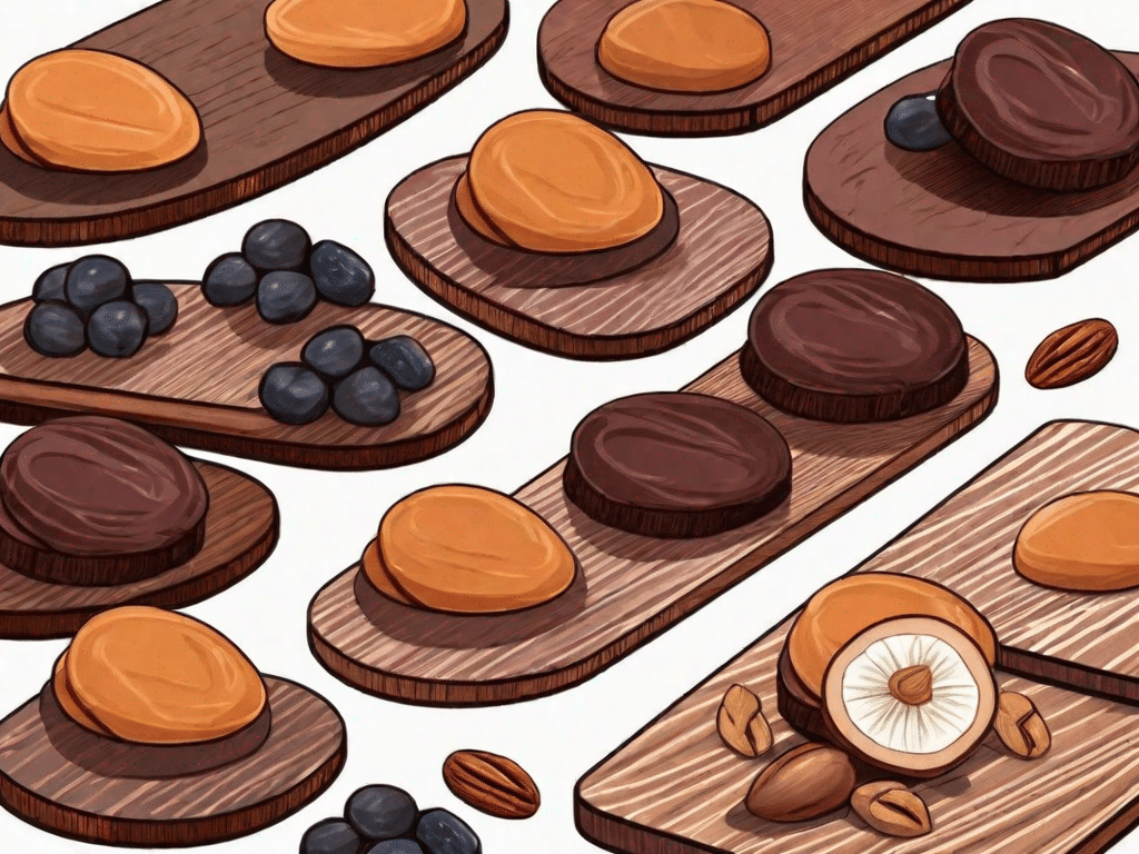 Various types of mendiants (french chocolate disks topped with nuts and dried fruits) arranged aesthetically on a wooden board