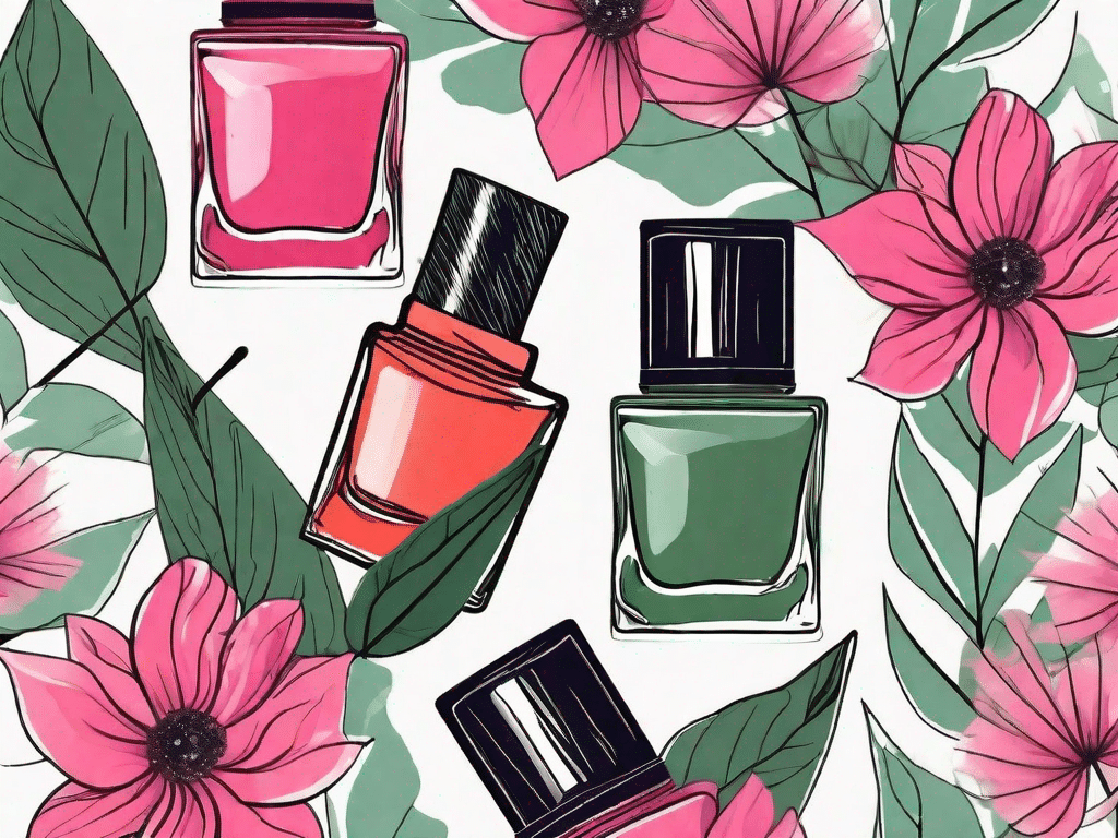 A variety of vibrant nail polish bottles with leaves and flowers intertwined