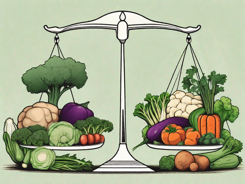 A scale balancing a variety of vegetables on one side and a silhouette of different animals on the other