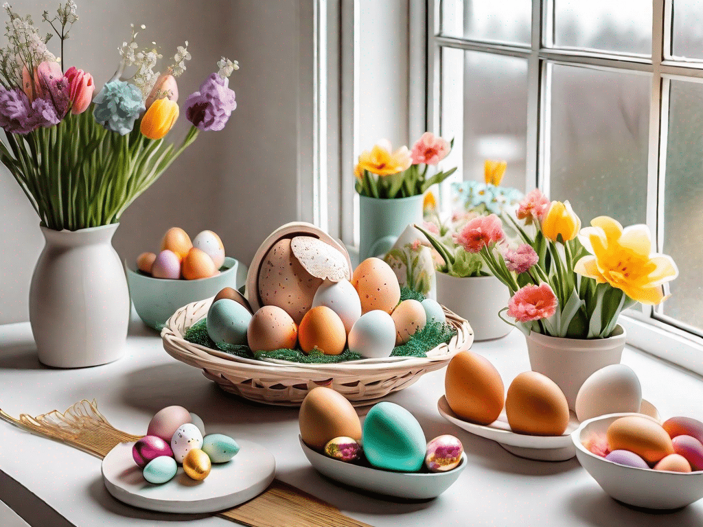 A festive easter table filled with colorful vegan treats