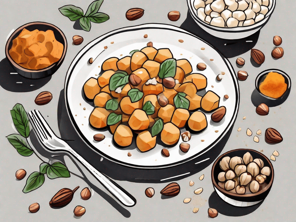 A plate of gnocchi and sweet potatoes garnished with hazelnuts
