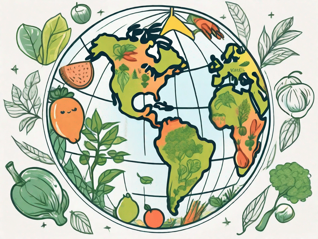 A globe with various vegan symbols (like fruits