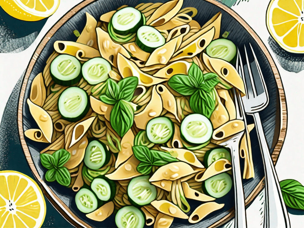 A vibrant pasta salad tossed with fresh lemon slices and cucumber