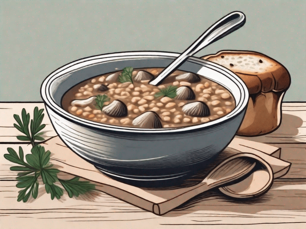 A steaming bowl of mushroom and farro soup