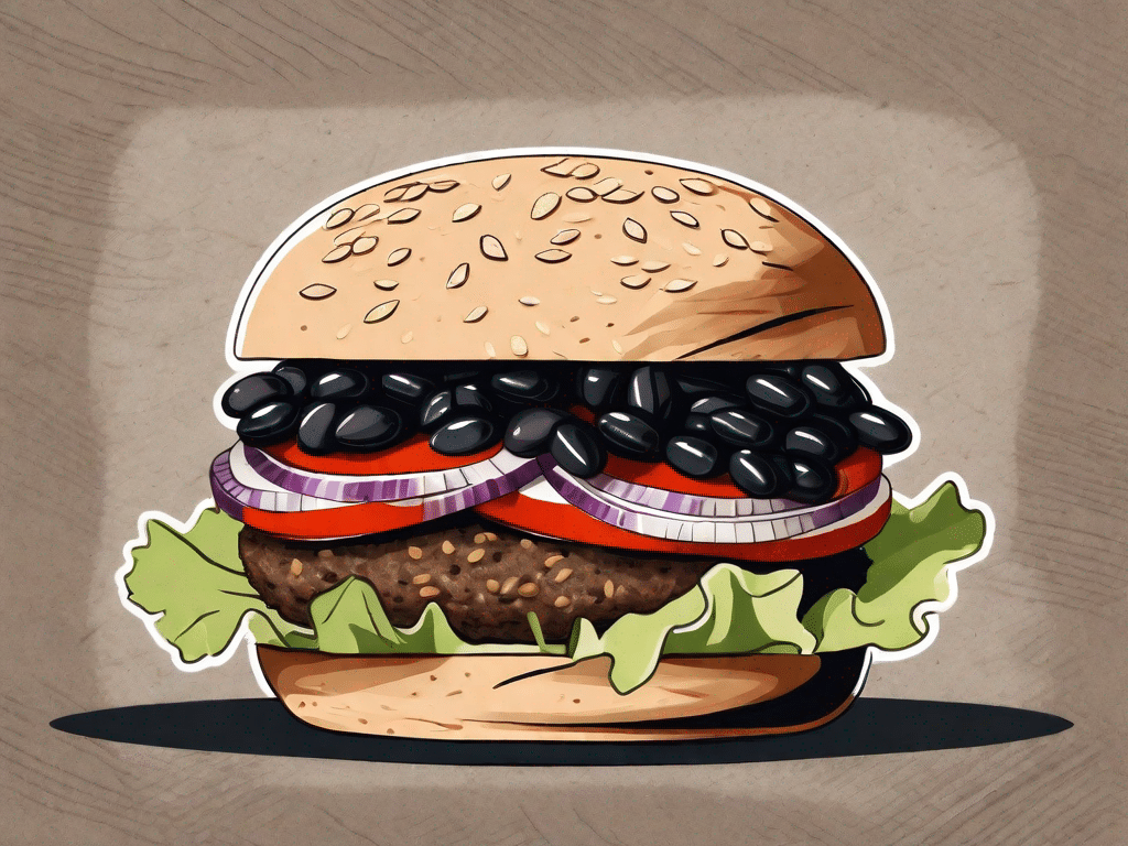 A juicy black bean-oat burger with visible layers of ingredients like lettuce