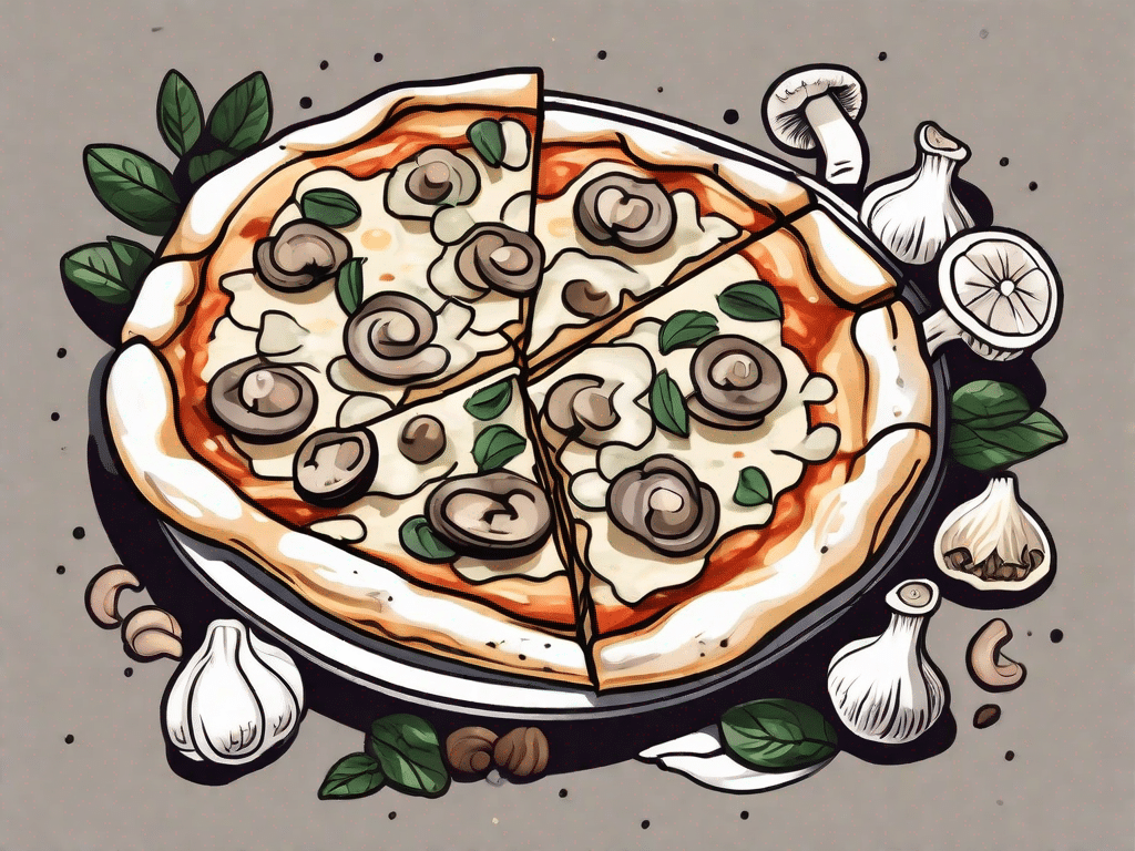 A white pizza topped with an assortment of mushrooms