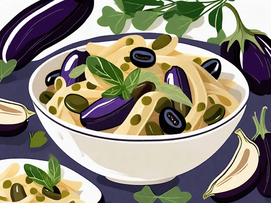 A bowl of pasta salad with chunks of roasted eggplant and olives mixed in