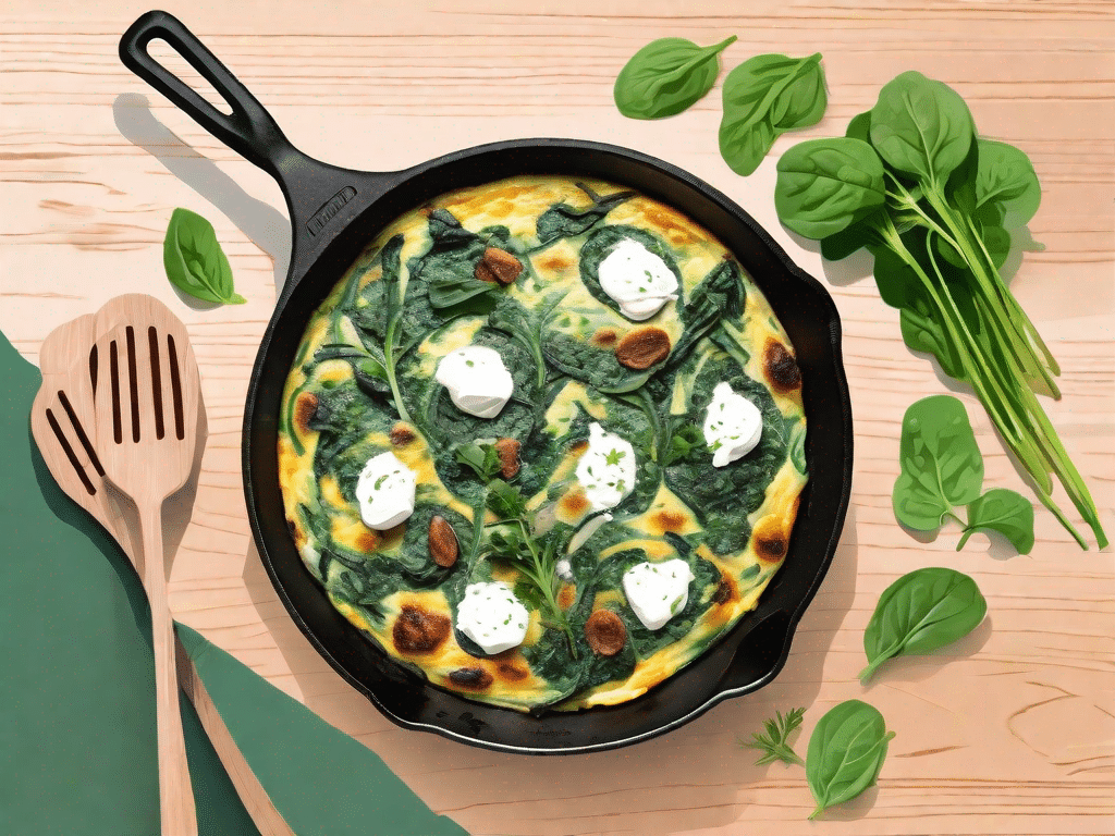 A colorful and appetizing spinach and goat cheese frittata in a skillet