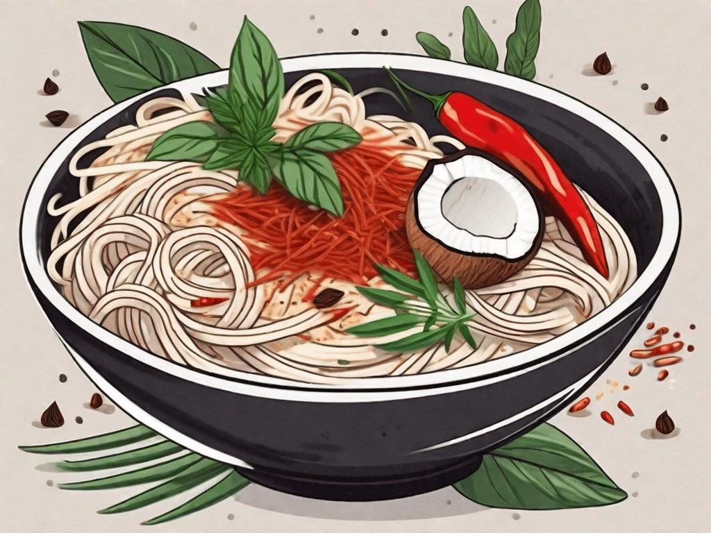 A bowl filled with spicy coconut noodles garnished with fresh herbs