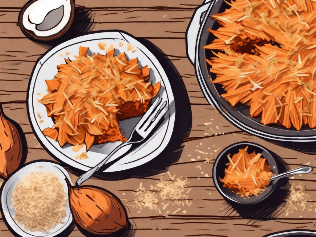 A mouthwatering sweet potato casserole topped with golden-brown coconut flakes
