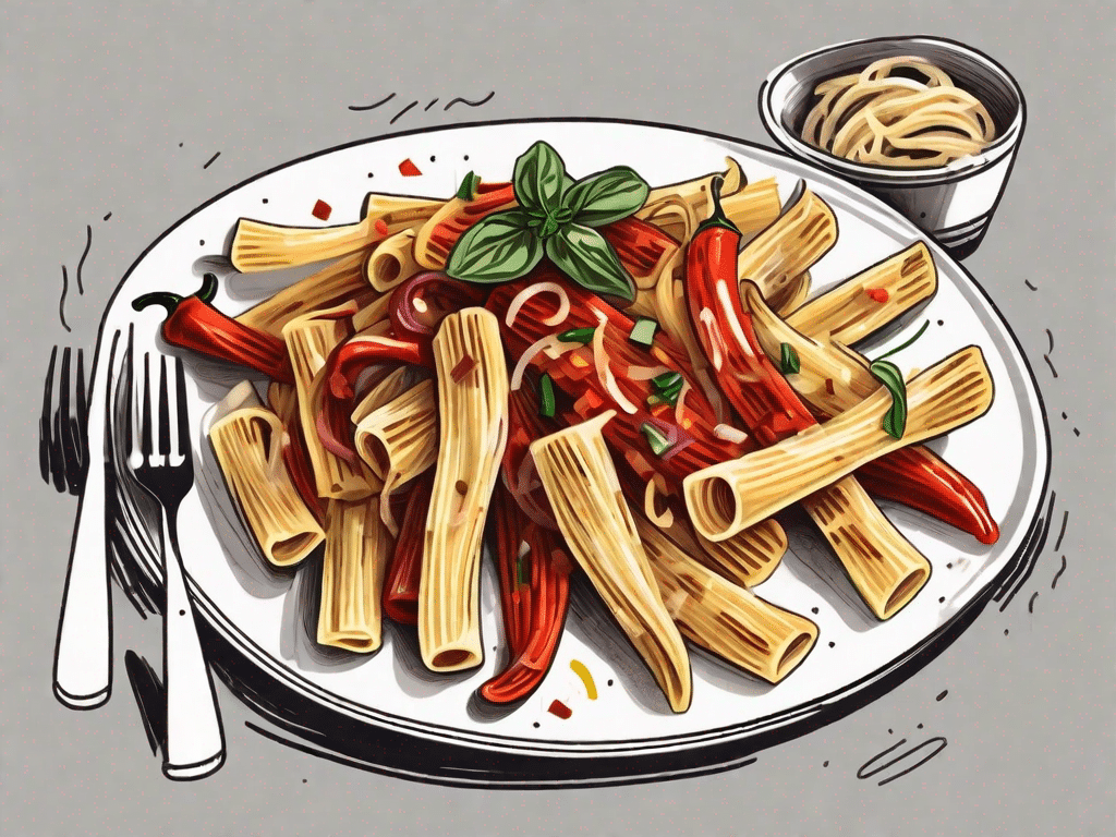 A plate of rigatoni pasta mixed with grilled peppers and onions