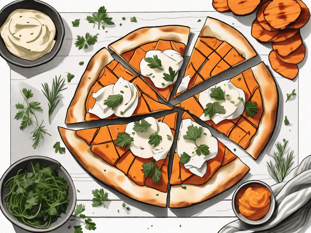 A flatbread topped with melted brie and diced sweet potatoes