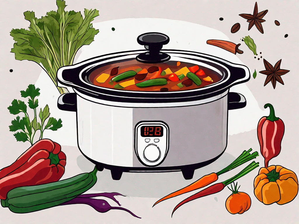 A slow cooker filled with colorful vegetables and spices