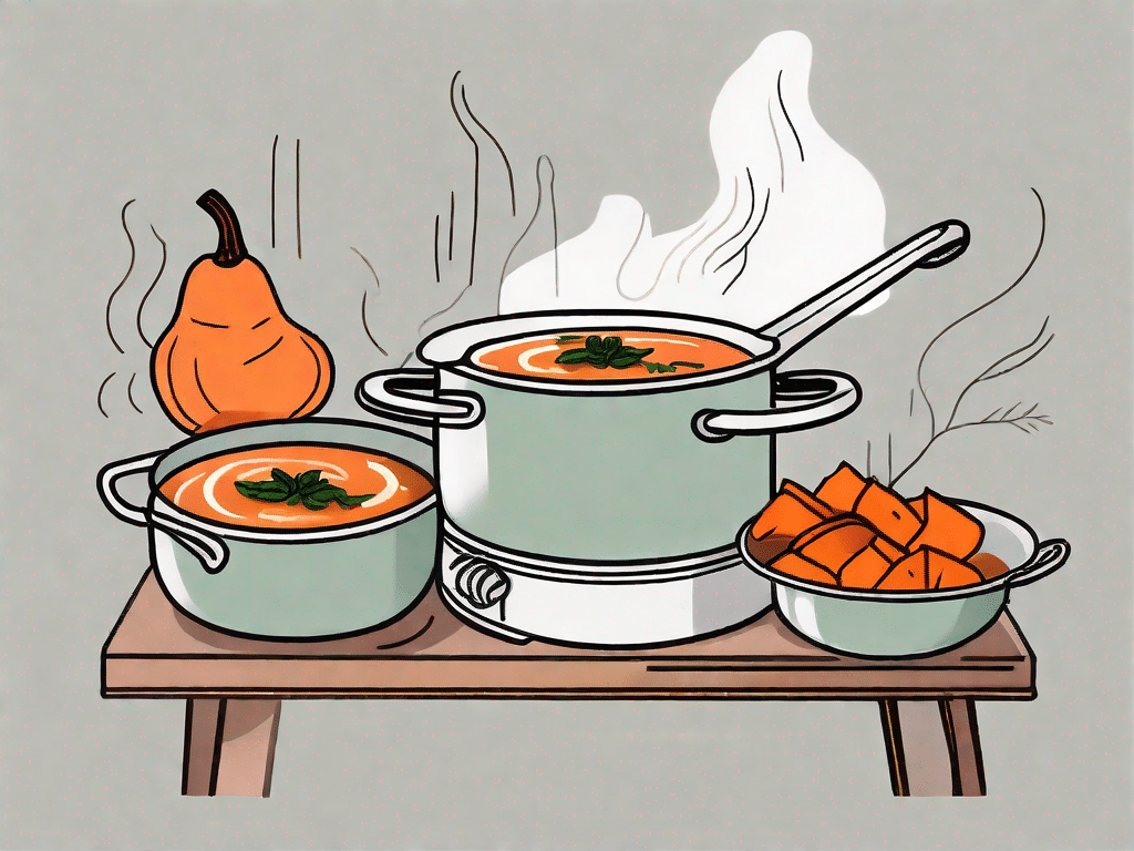 A pot of soup on a stove with sweet potatoes and apples around it