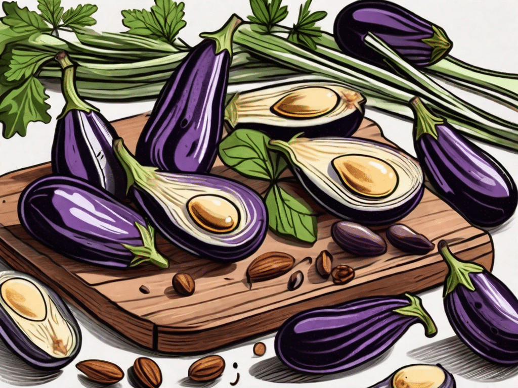 Roasted baby eggplants on a rustic wooden table