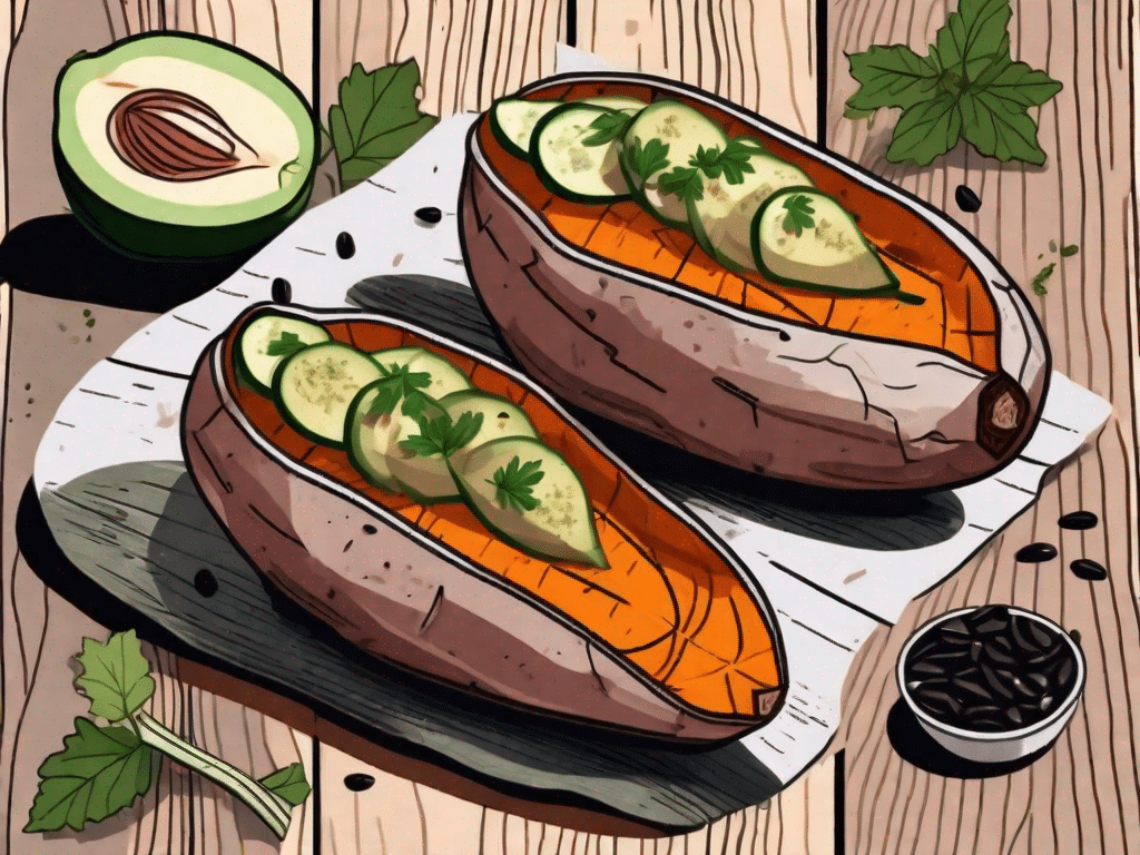 A couple of sweet potatoes cut open with a filling of zucchini and black beans