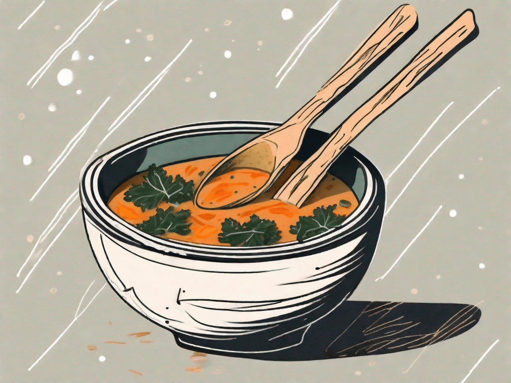 A steaming bowl of tortilla soup filled with chunks of sweet potato and kale
