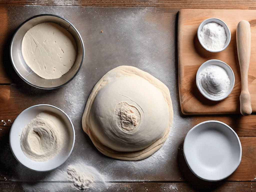 Three different stages of preparing pizza dough: a dough ball on a floured surface