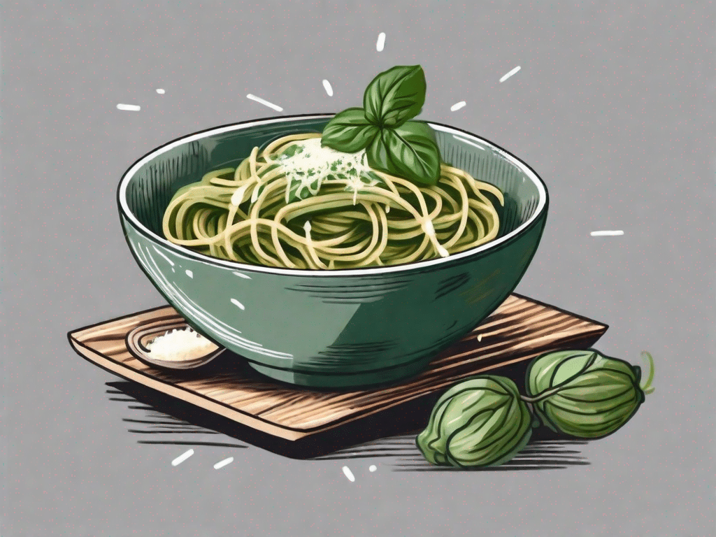 A bowl of pasta mixed with zucchini pesto