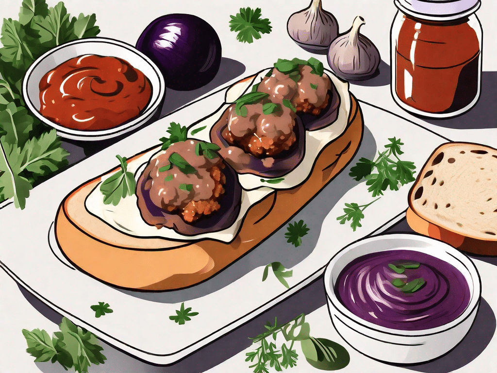 A meatball sub sandwich filled with eggplant and mushroom meatballs