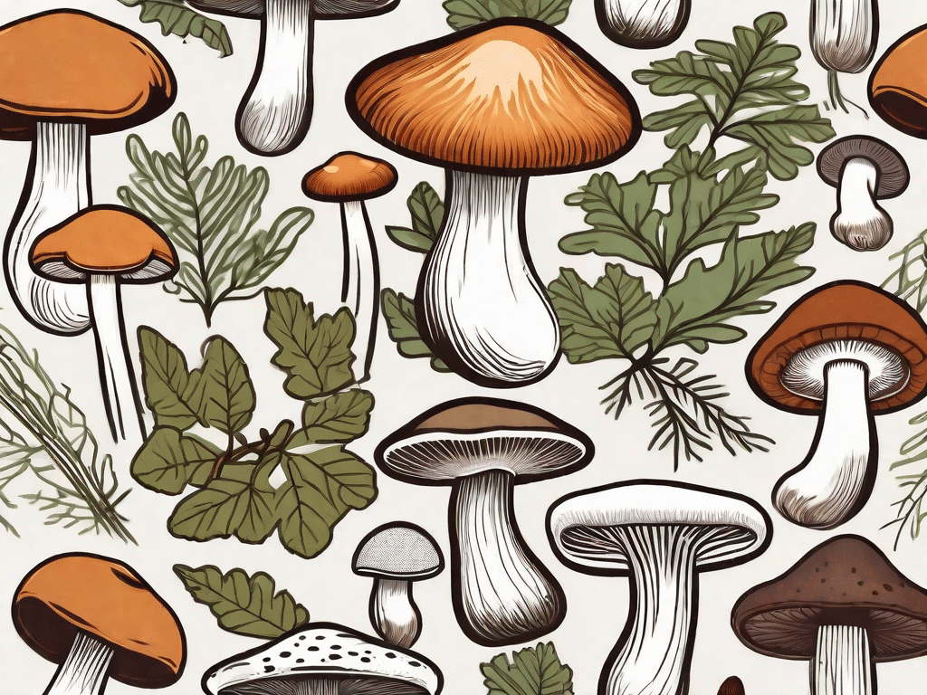 Various types of edible mushrooms in a lush forest setting