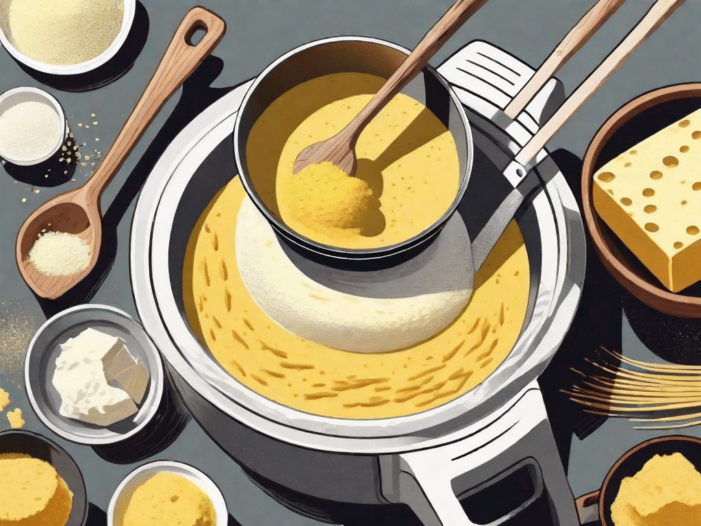 A pot on the stove with polenta being stirred by a wooden spoon