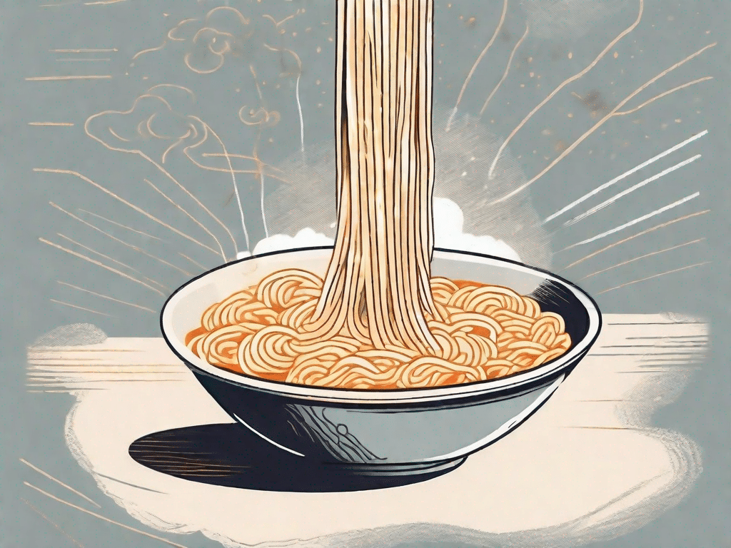 A steaming bowl of ramen noodles with a mysterious