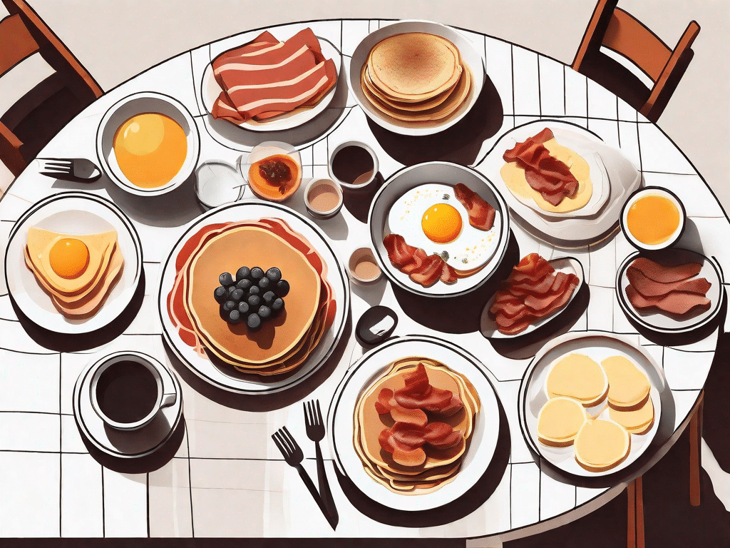 A spread of various breakfast dishes like pancakes
