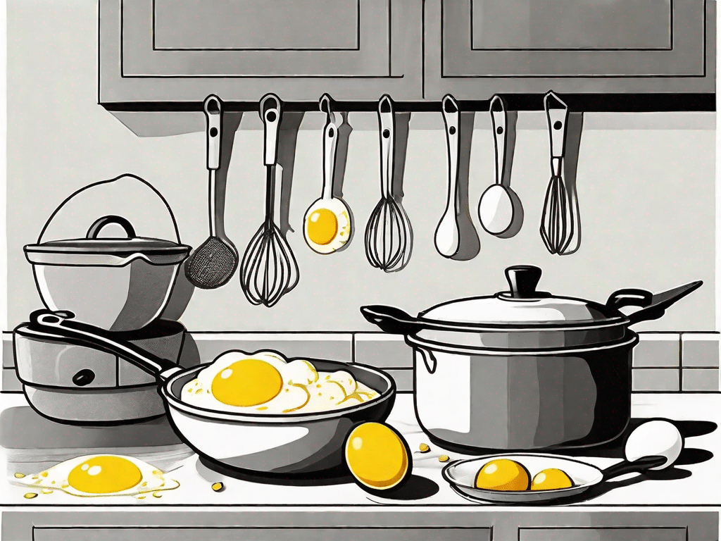 A kitchen scene with a whisk stirring a bowl of bright yellow eggs