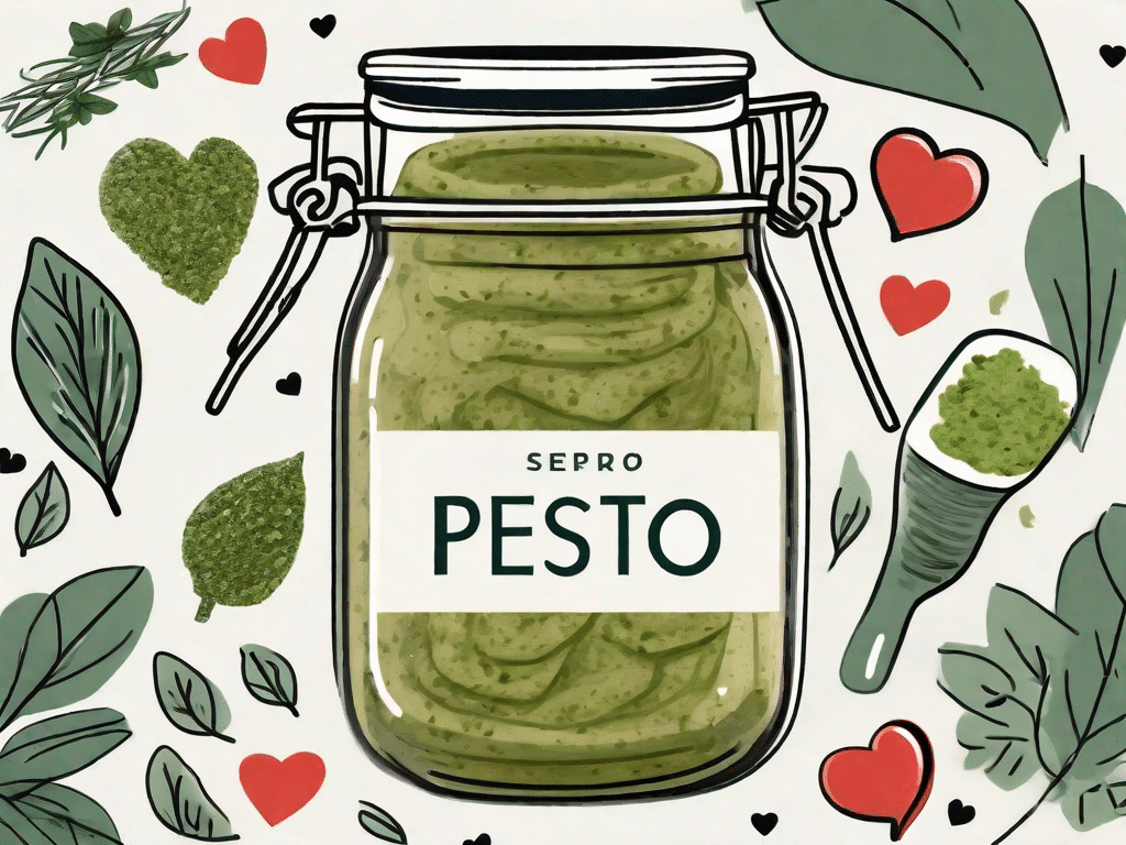 A jar of store-bought pesto surrounded by various health-related symbols such as a heart