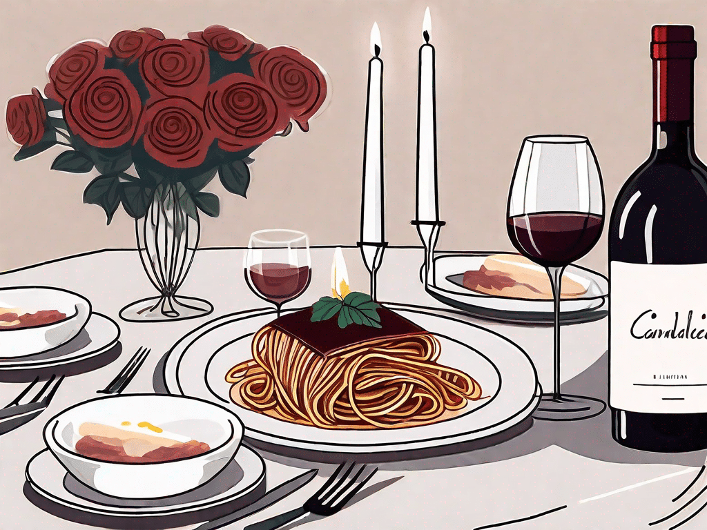 A candlelit dinner table set with italian cuisine like spaghetti