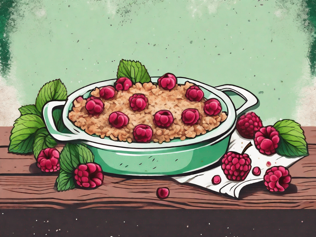 A vegan apple raspberry crumble in a rustic dish
